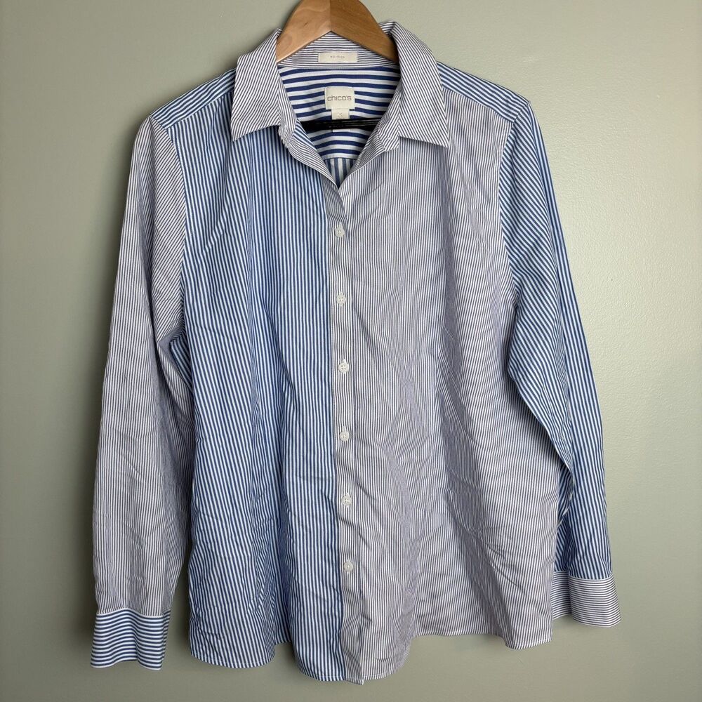 Chico's Sz 3 Women's XL Mixed Stripe Button Down Shirt Blue White Coastal Beachy